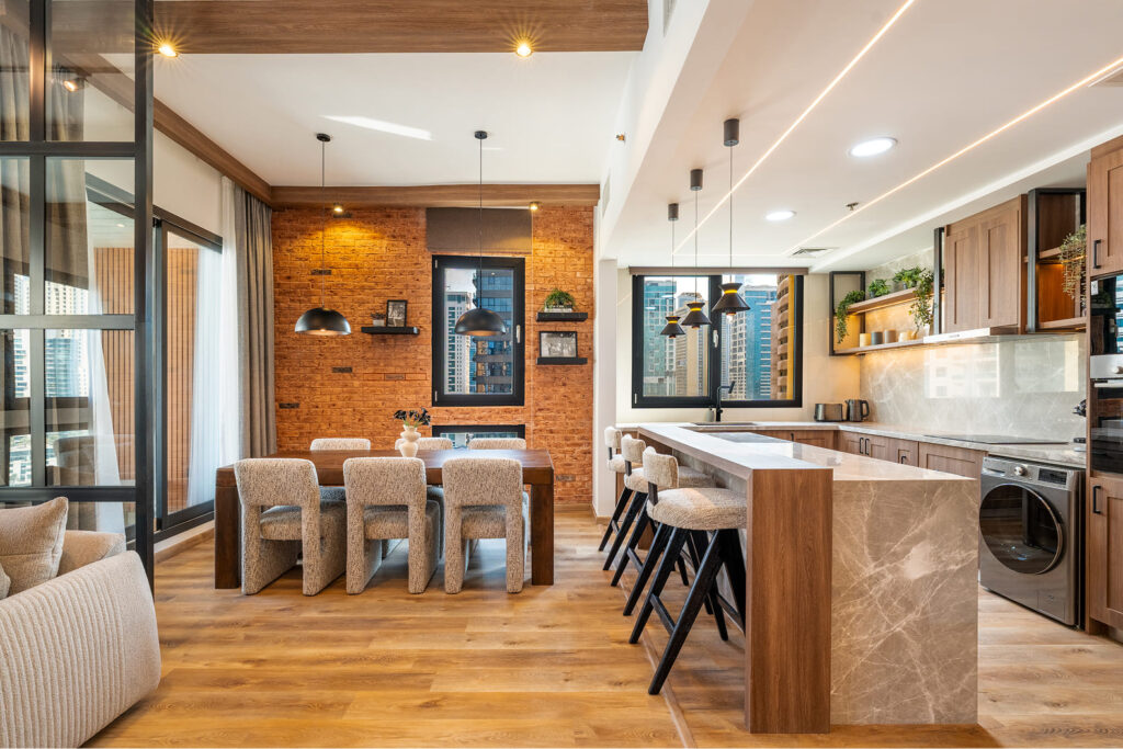 Marina Sail apartment after renovation — contemporary industrial living room Dubai Marina by Soul Interiors